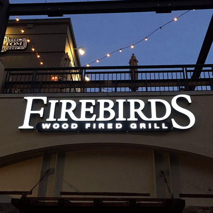Firebirds wood fired grill channel letter sign.