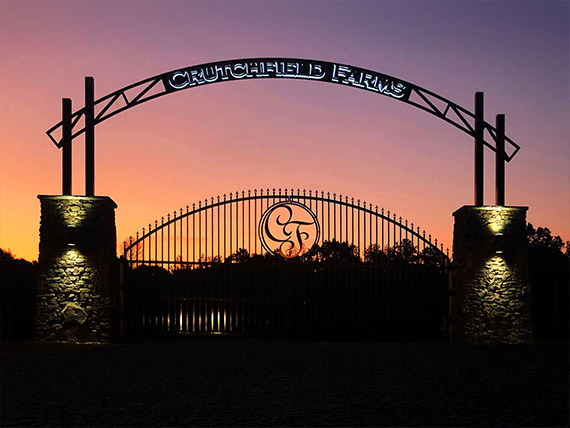 Metal gate at the entrance to Crutchfield Farms
