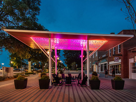 Colorfully lit shelter canopy
